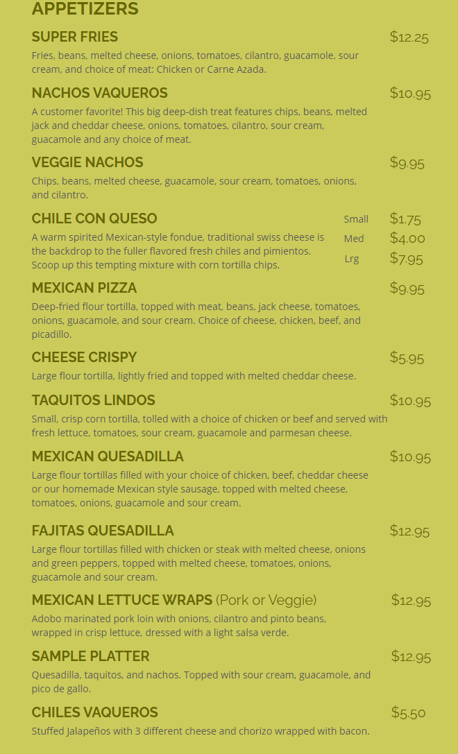 mexican appetizers menu in spanish