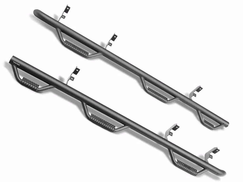 black truck side steps with three step pads