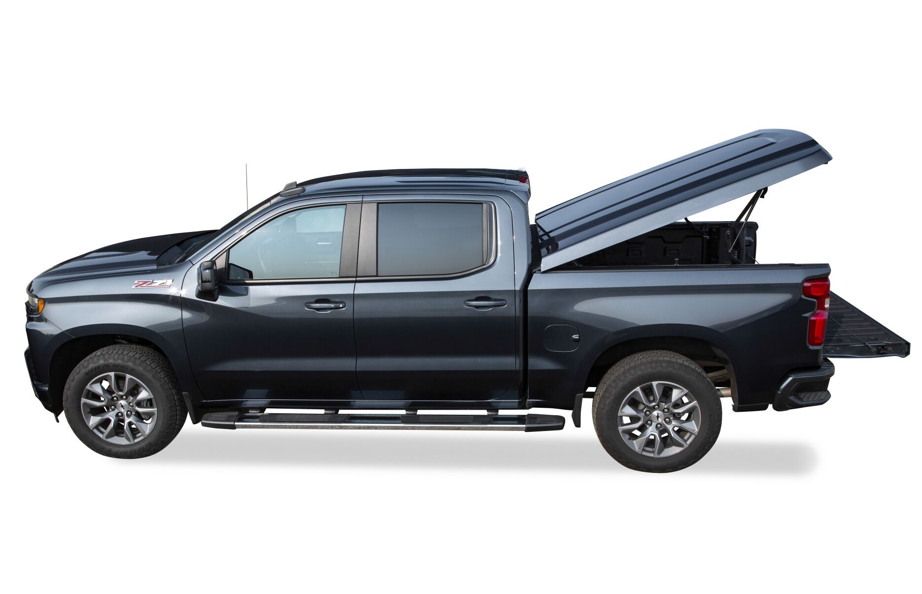 Dark gray pickup truck with open bed cover.