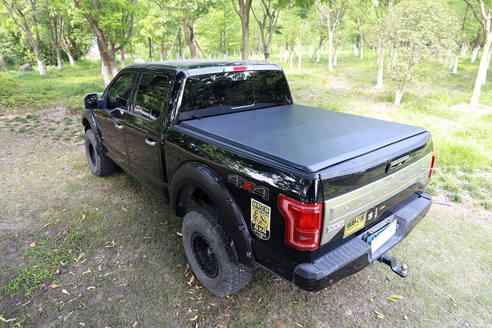 Black Ford pickup truck with tonneau cover parked in a wooded area.