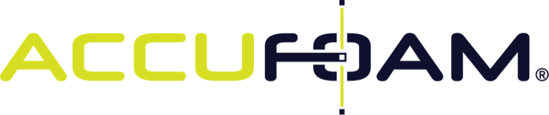 The logo for accufoam is yellow and black