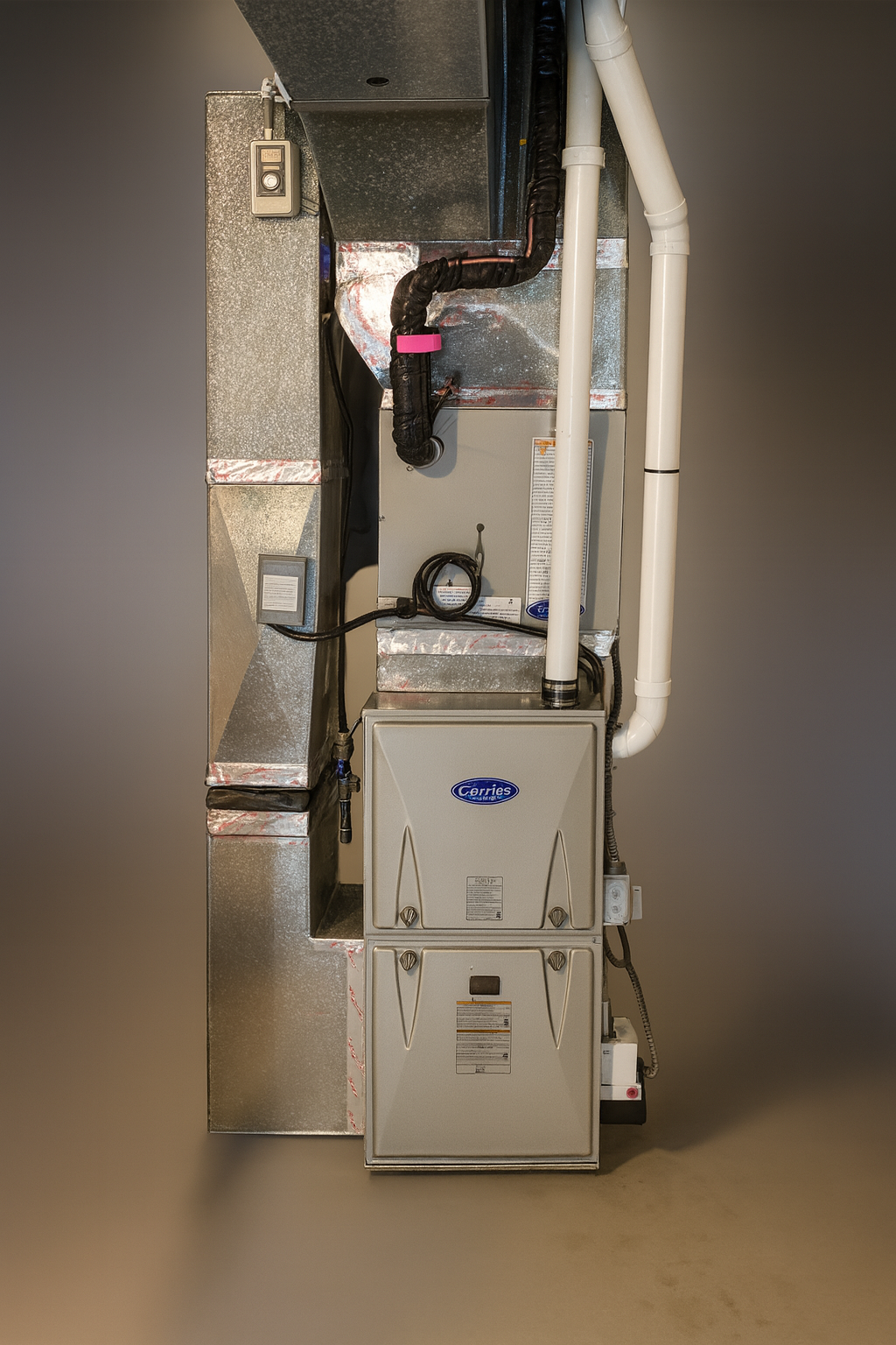 Furnace system against gray backdrop; metallic, enclosed unit with ducts and piping.