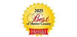 2025 Best of Mower County award seal in yellow and red, with 