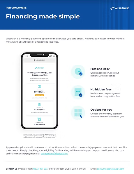 Blue fintech promo with smartphone app and feature icons: fast payments, no hidden fees, split pay