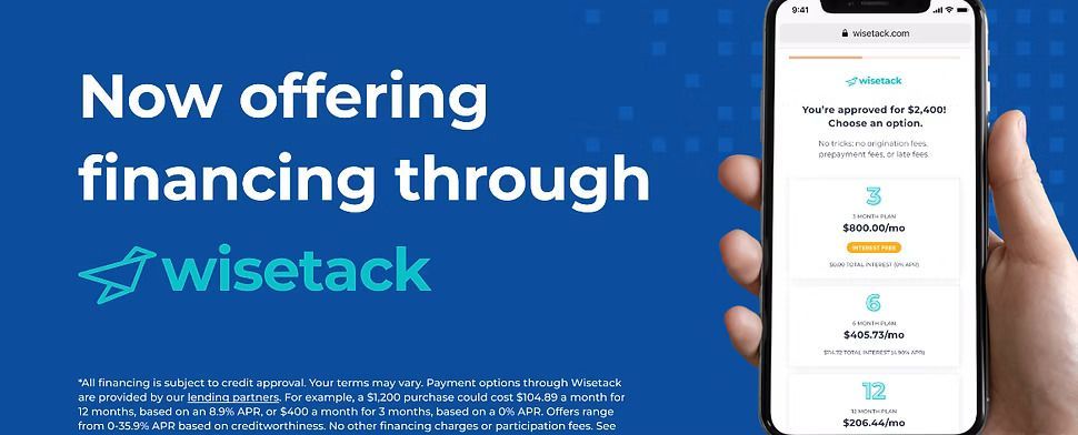 Blue ad for Wisetack financing with a smartphone showing payment options and “Now offering financing through wisetack” text