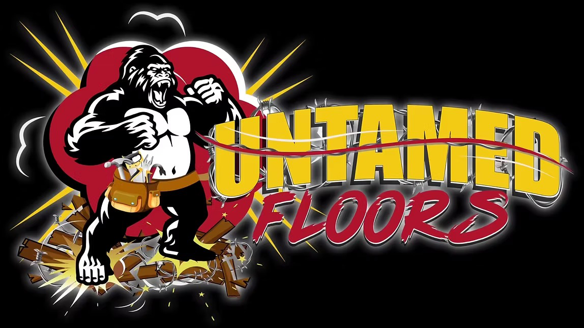 Untamed Floors logo with a muscular worker holding a flooring tool on a black background