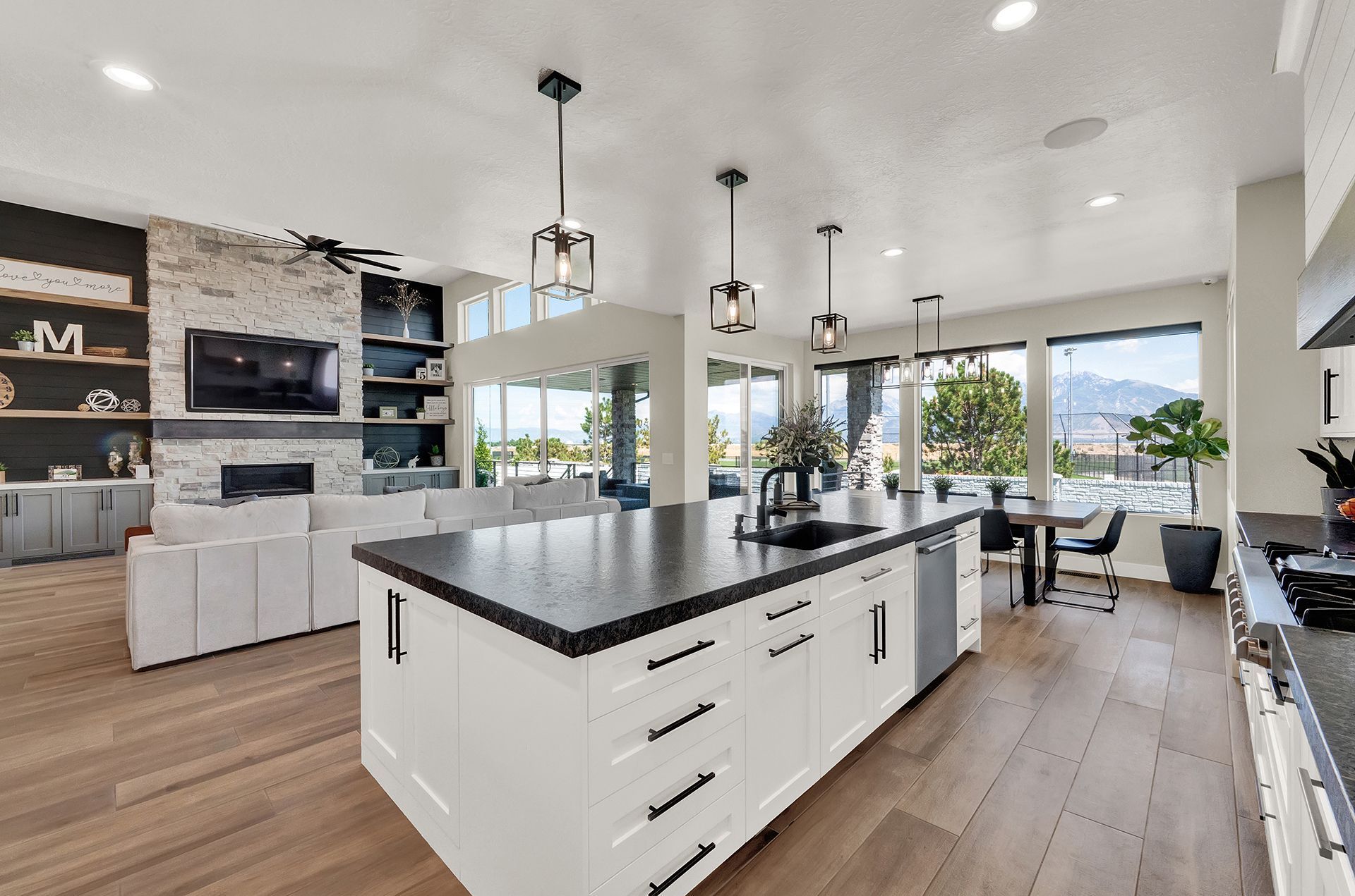 There is a large island in the middle of the kitchen.