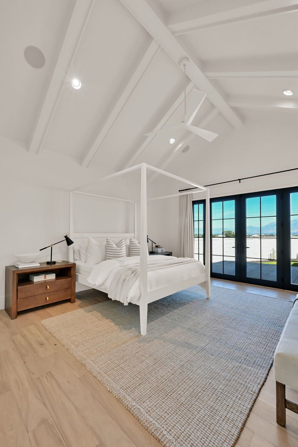 A bedroom with a canopy bed and a rug