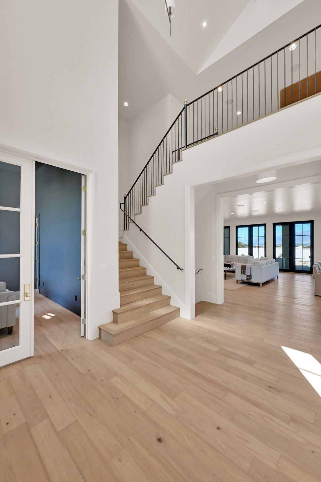 There is a staircase in the middle of the room.
