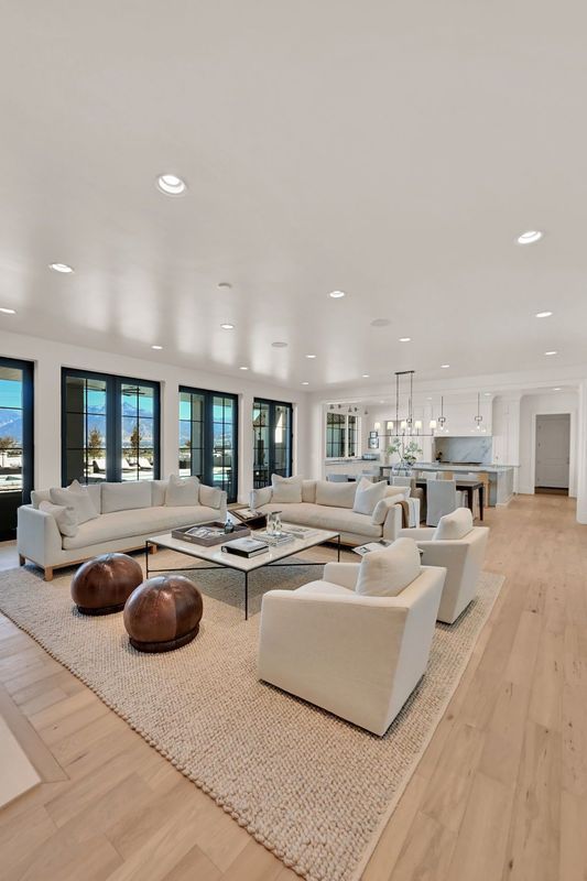 A living room filled with furniture and a rug.