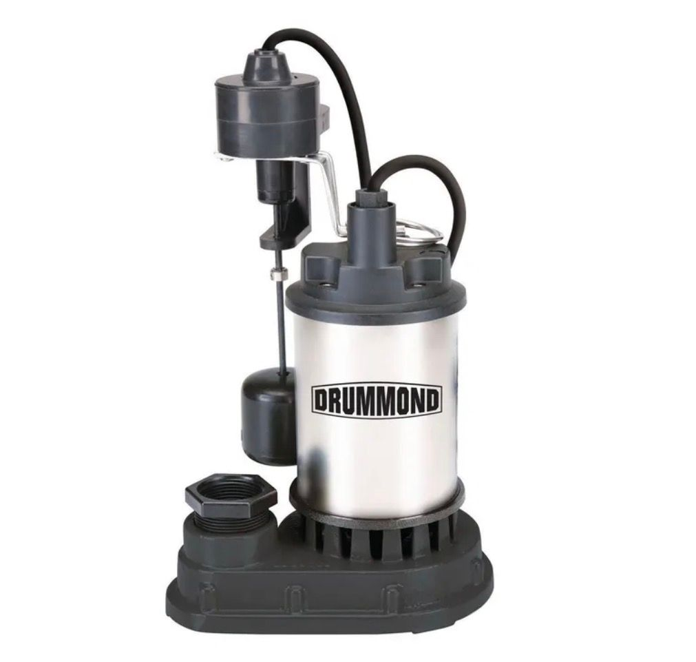 Drummond submersible pump, black and stainless steel, with a float switch, on a black base.
