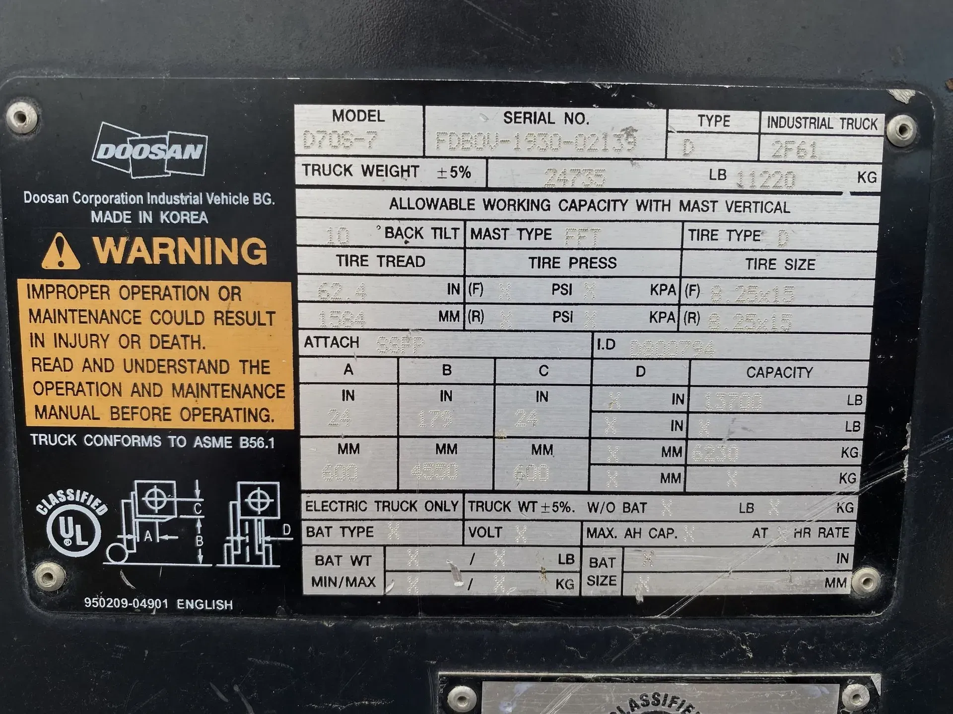 Metal plate on a forklift detailing model, serial number, warnings, and capacity information.