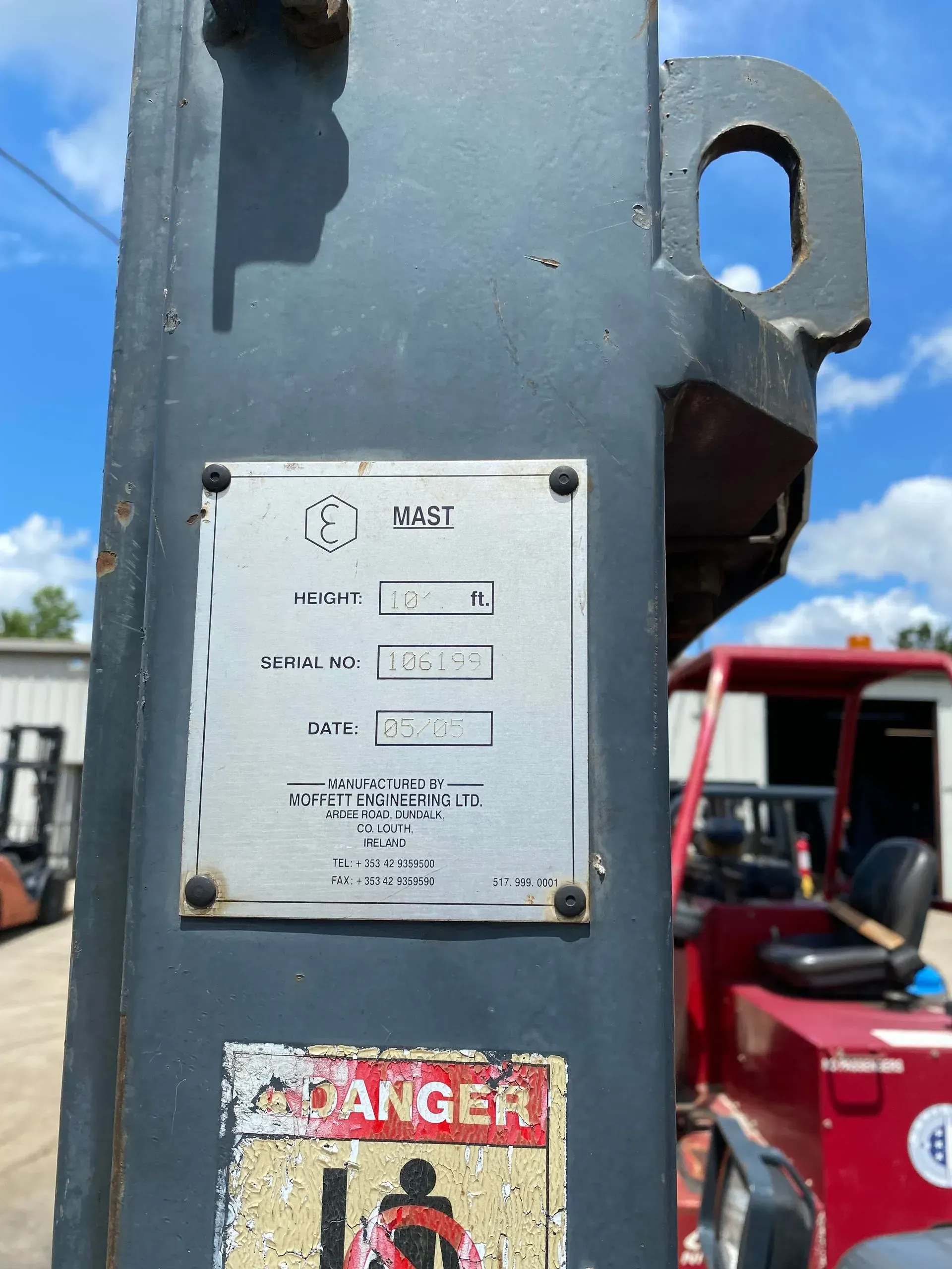 Forklift with a metal identification plate
