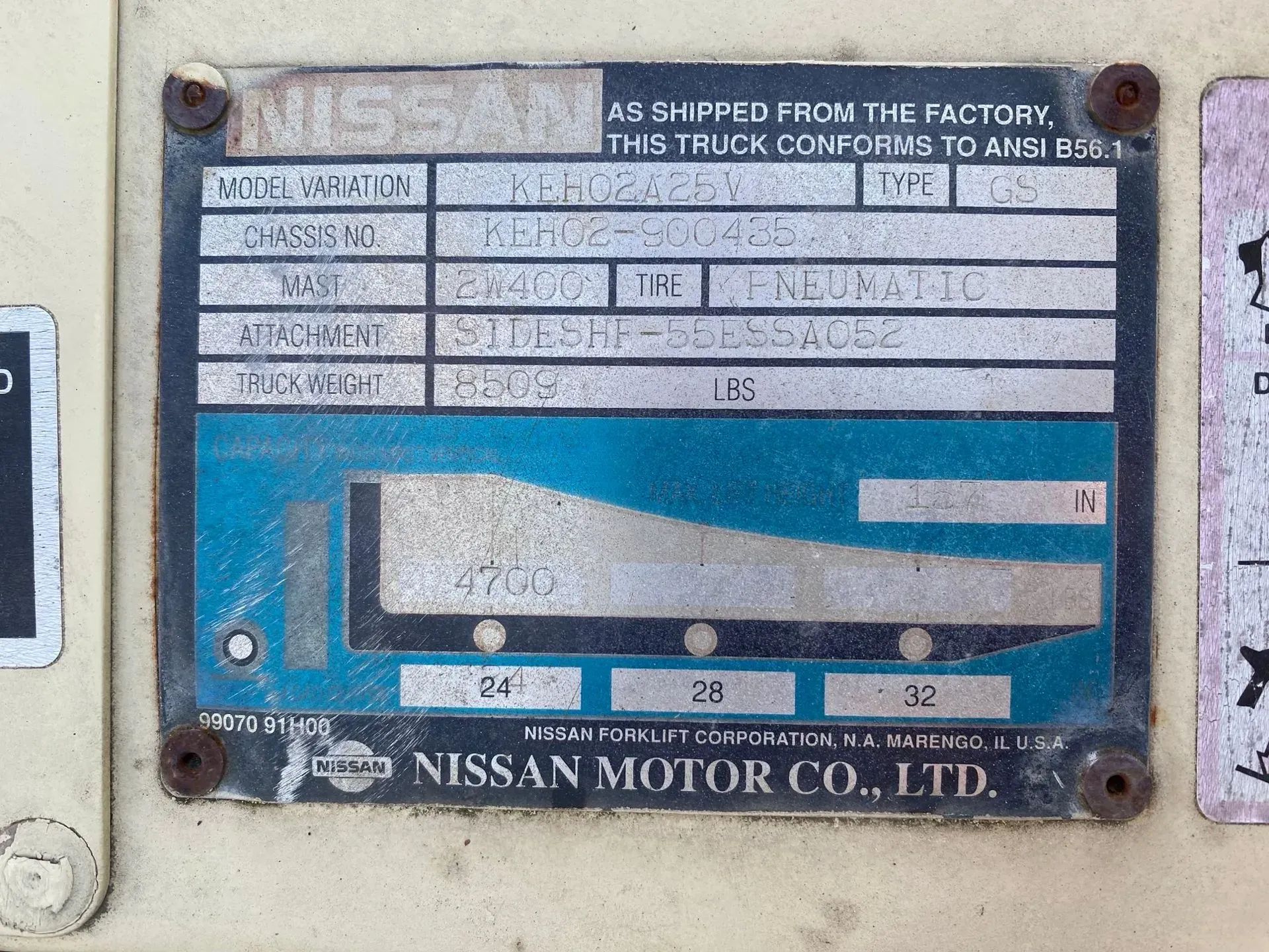 Nissan truck identification plate with model and manufacturing details. Turquoise and silver with black text.