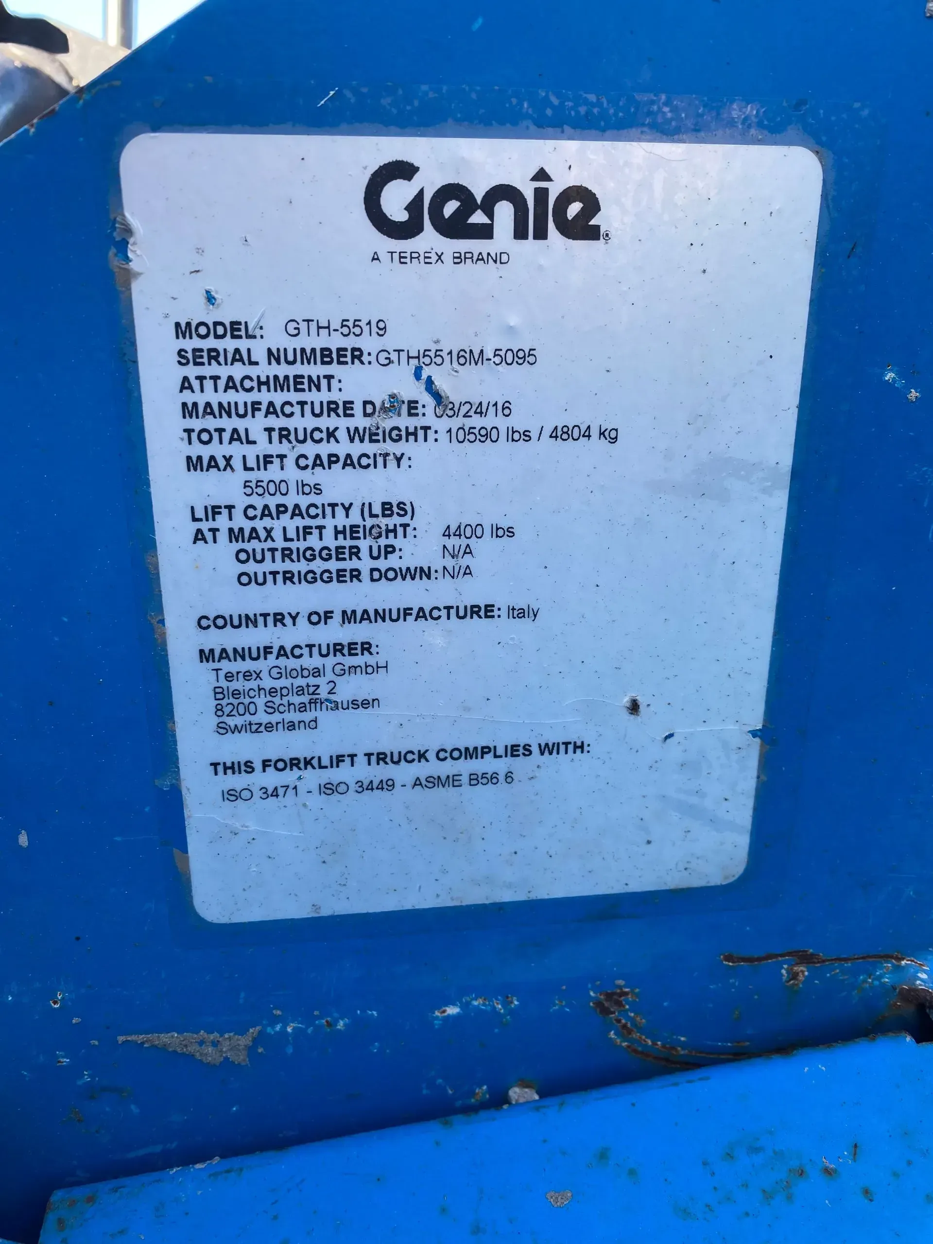 Blue Genie aerial lift equipment information label.