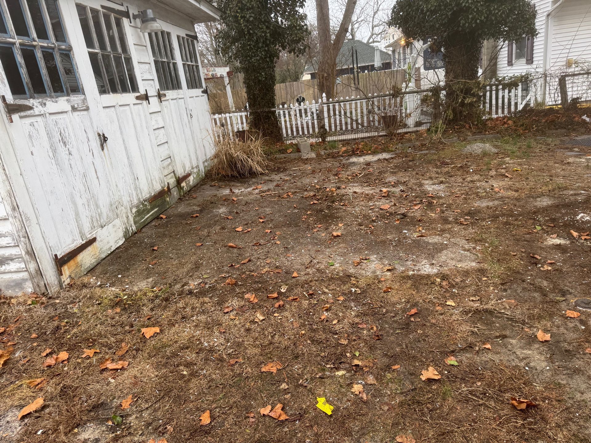The backyard of a house with a garage and a lot of leaves on the ground.