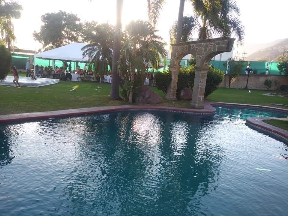 A large swimming pool surrounded by palm trees and a white tent