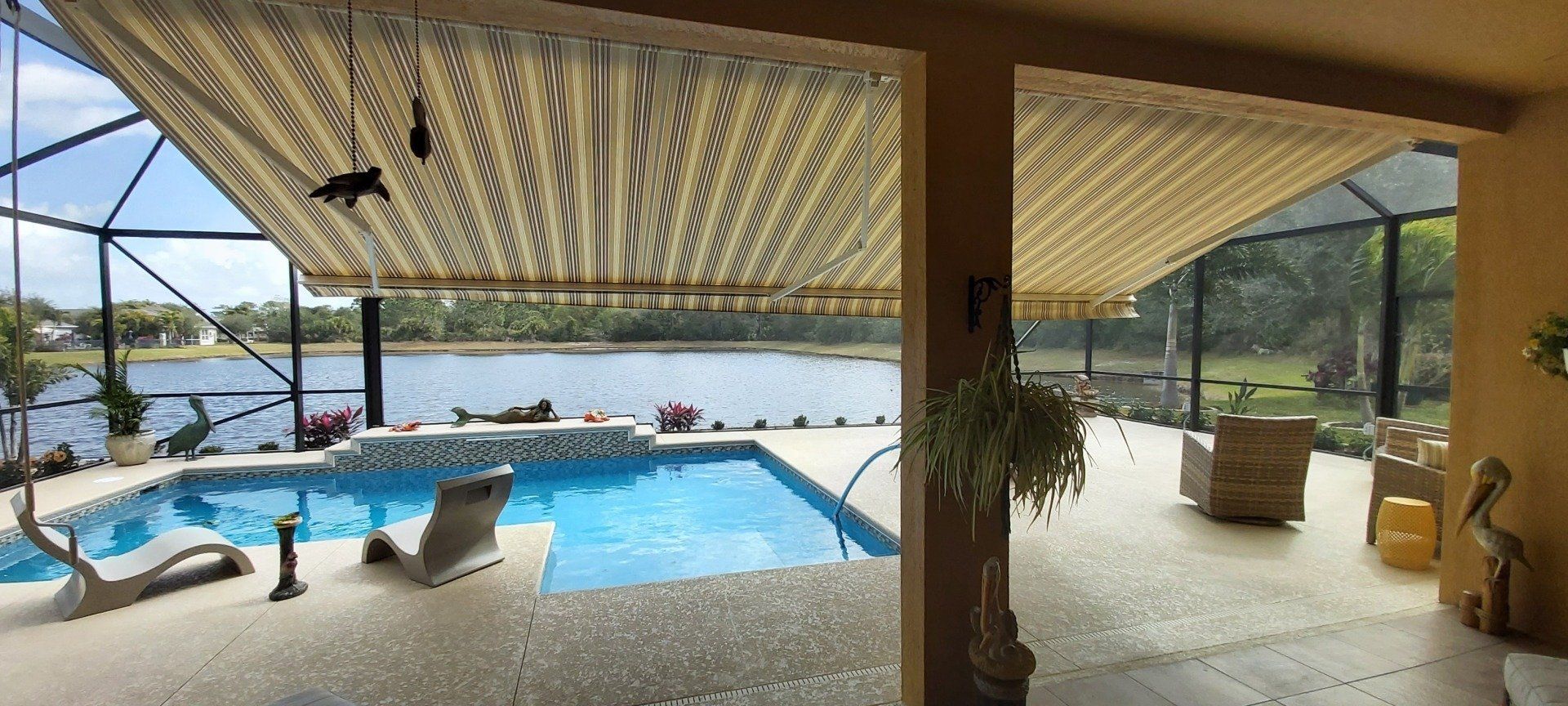 pool with white awnings