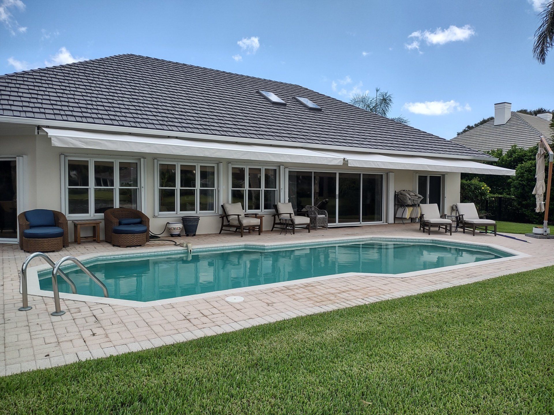 pool with awnings