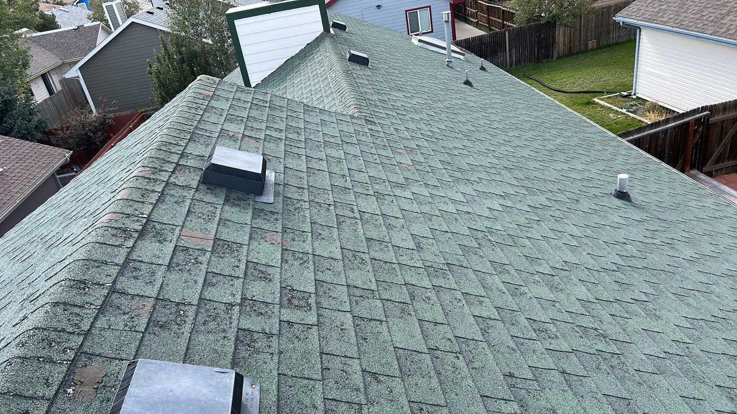 The roof of a house with a green shingle roof.
