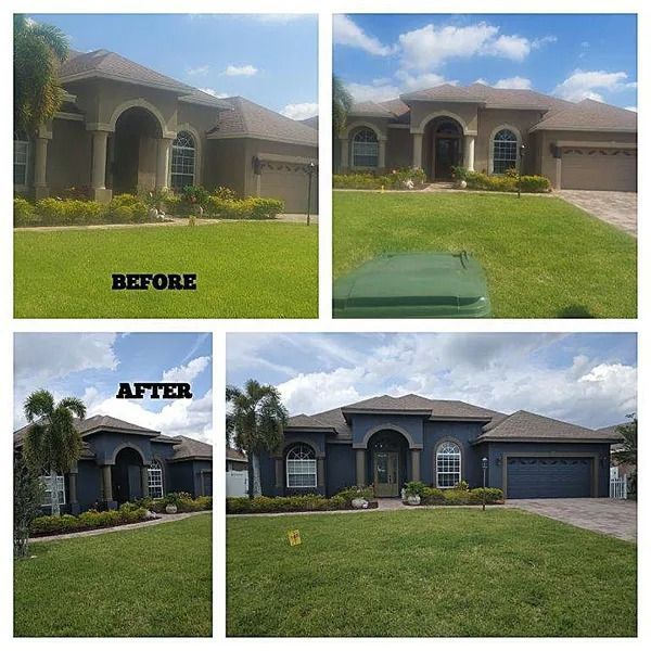Before and after exterior paint job on a house; changing from tan to dark blue.