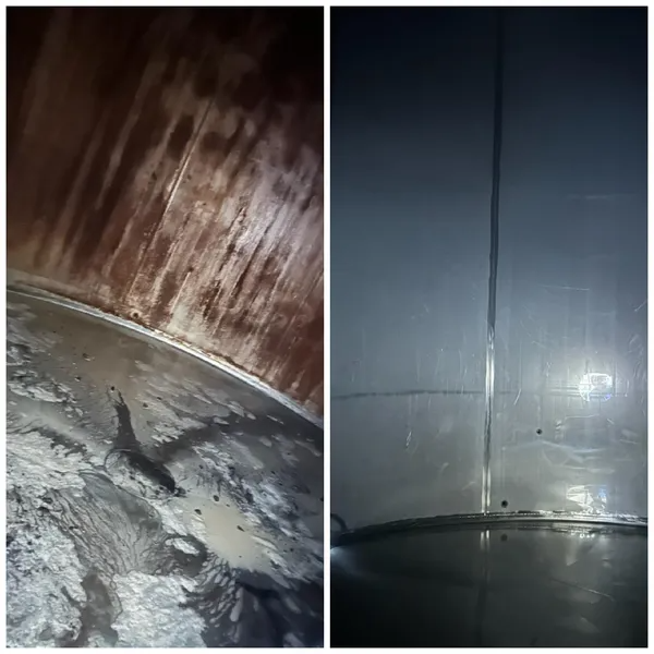 Two inside views of a tank, one with rust and sludge, the other clean with a seam.