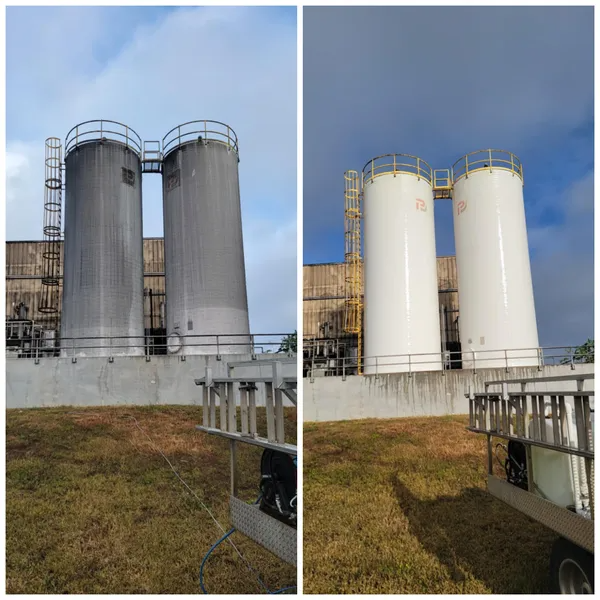 Before and after cleaning of two large industrial storage tanks; gray to white.