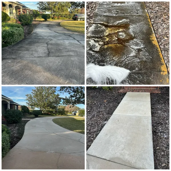Four-panel comparison showing a driveway and sidewalk before and after cleaning.