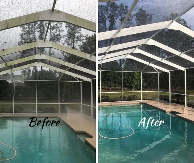 Before and after view of a cleaned screen enclosure over a pool. The screen is white and the pool water is blue.