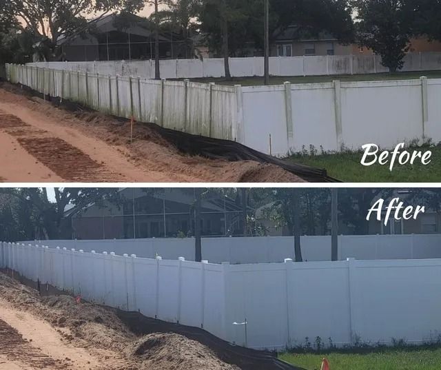 Before and after views of a white vinyl fence, cleaned to remove green algae and dirt.