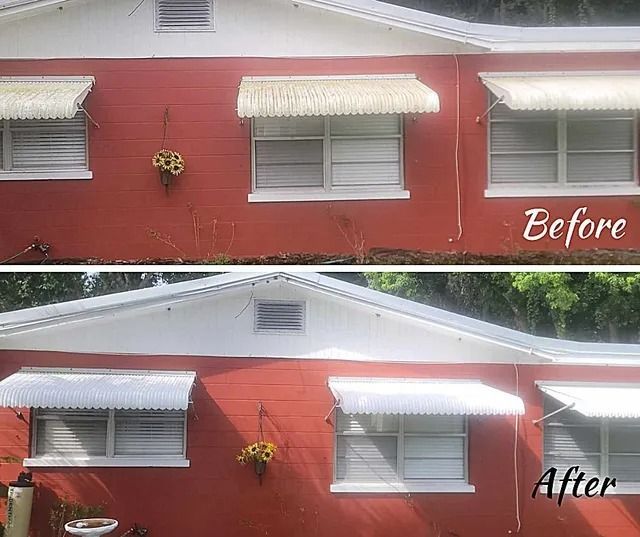 Before and after comparison of a red building exterior; awnings above windows.