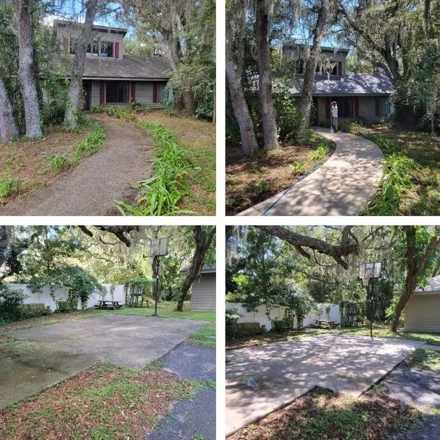 Four photos: front yard with house, path cleared; basketball court cleared.