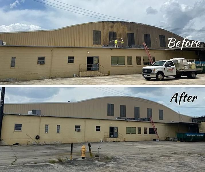 Comparison of a building's roof before and after cleaning.  The 