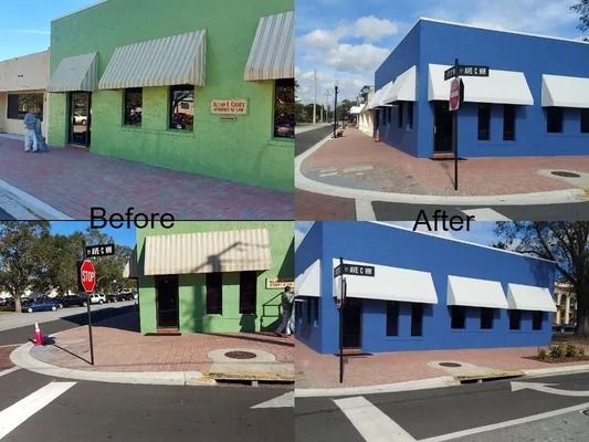 Comparison of a green building (before) and blue building (after), with white awnings, on a street corner.
