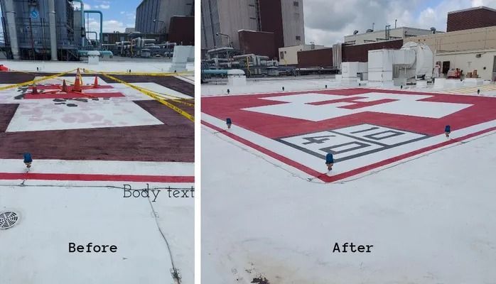 Before and after views of a helipad roof. The before image has damaged paint; the after shows the repaired helipad.