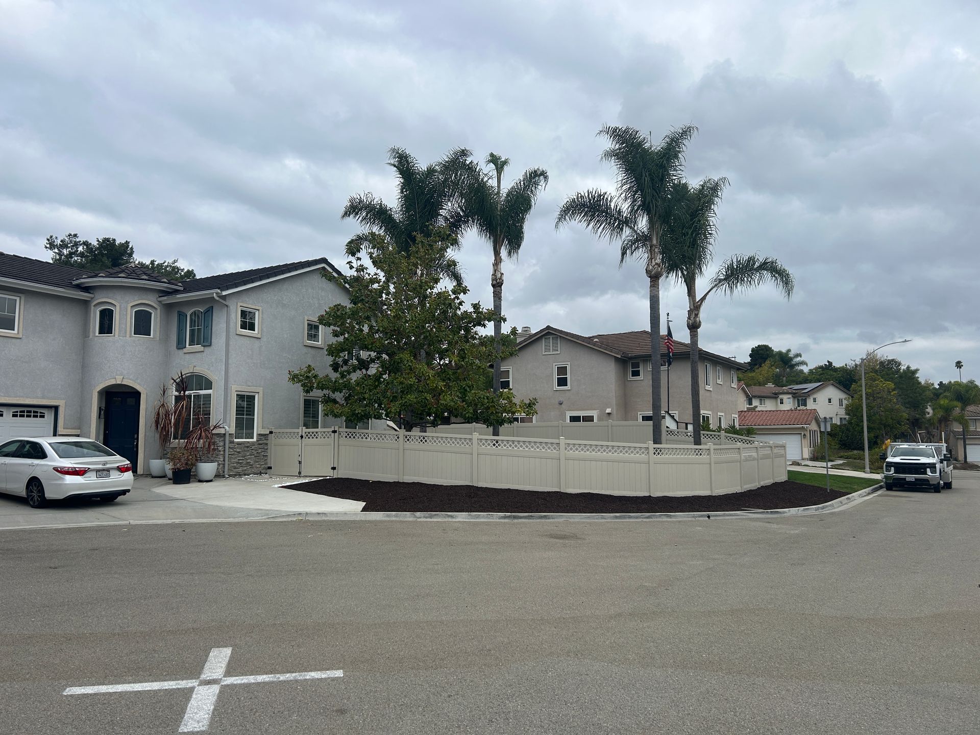 Residential street corner with white houses, palm trees, and parked cars under a cloudy sky