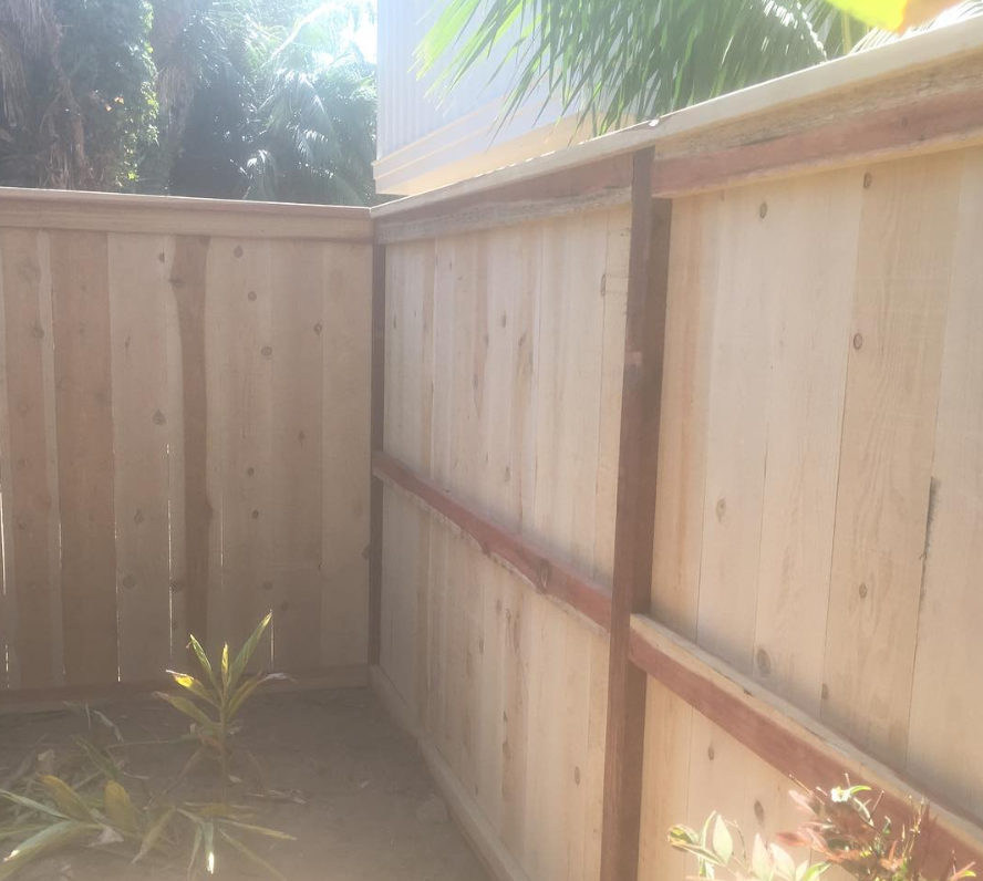 A wooden fence is surrounded by trees and plants.