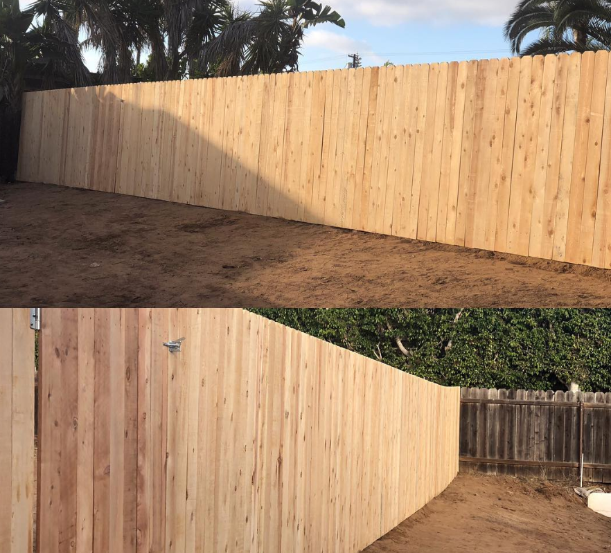 A before and after picture of a wooden fence
