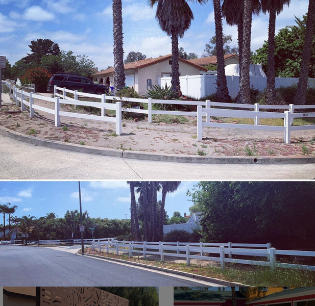 A white fence with palm trees in the background