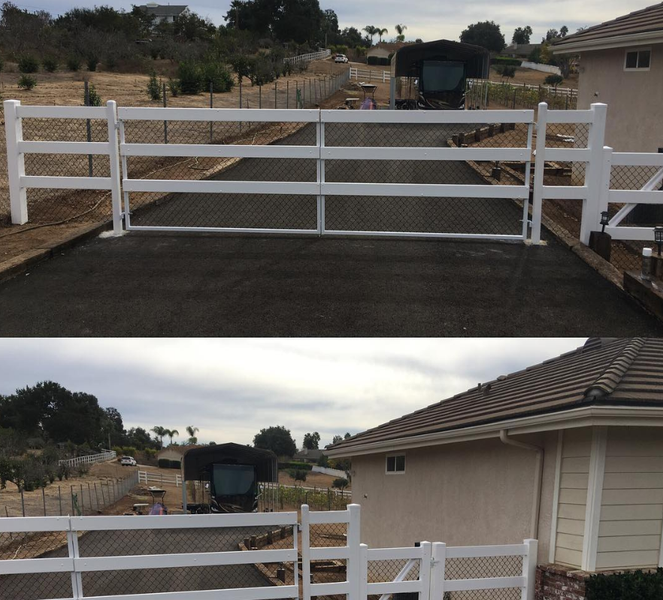 Two pictures of a white fence with a house in the background