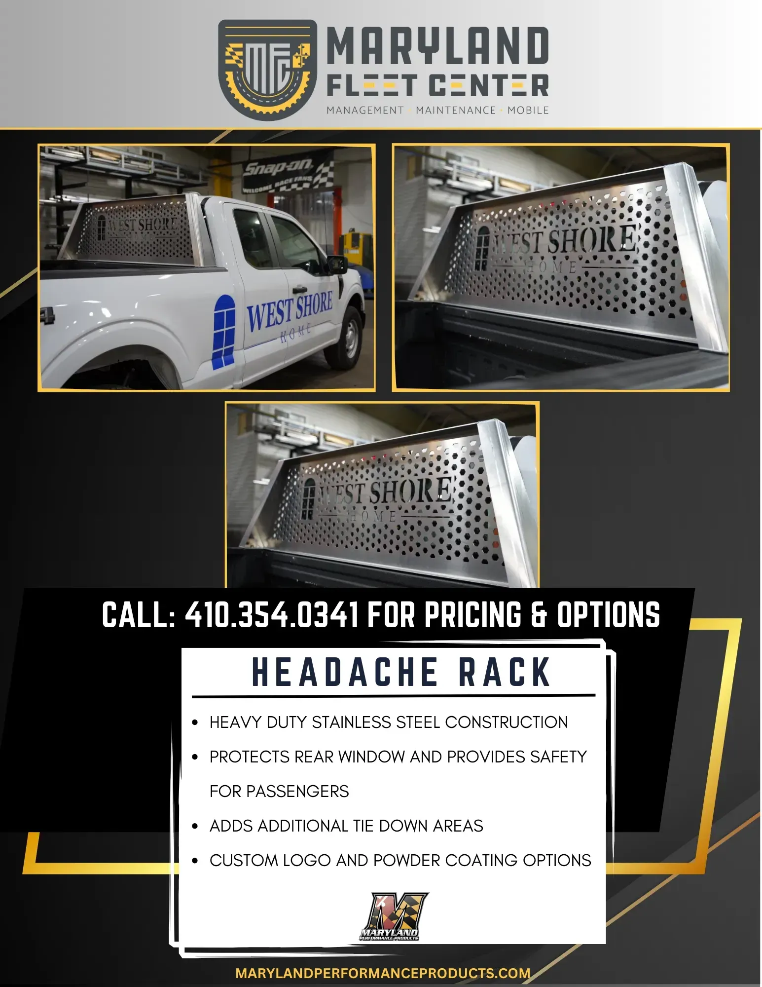 An advertisement for headache racks. It features a truck with a rack, text, and contact info.
