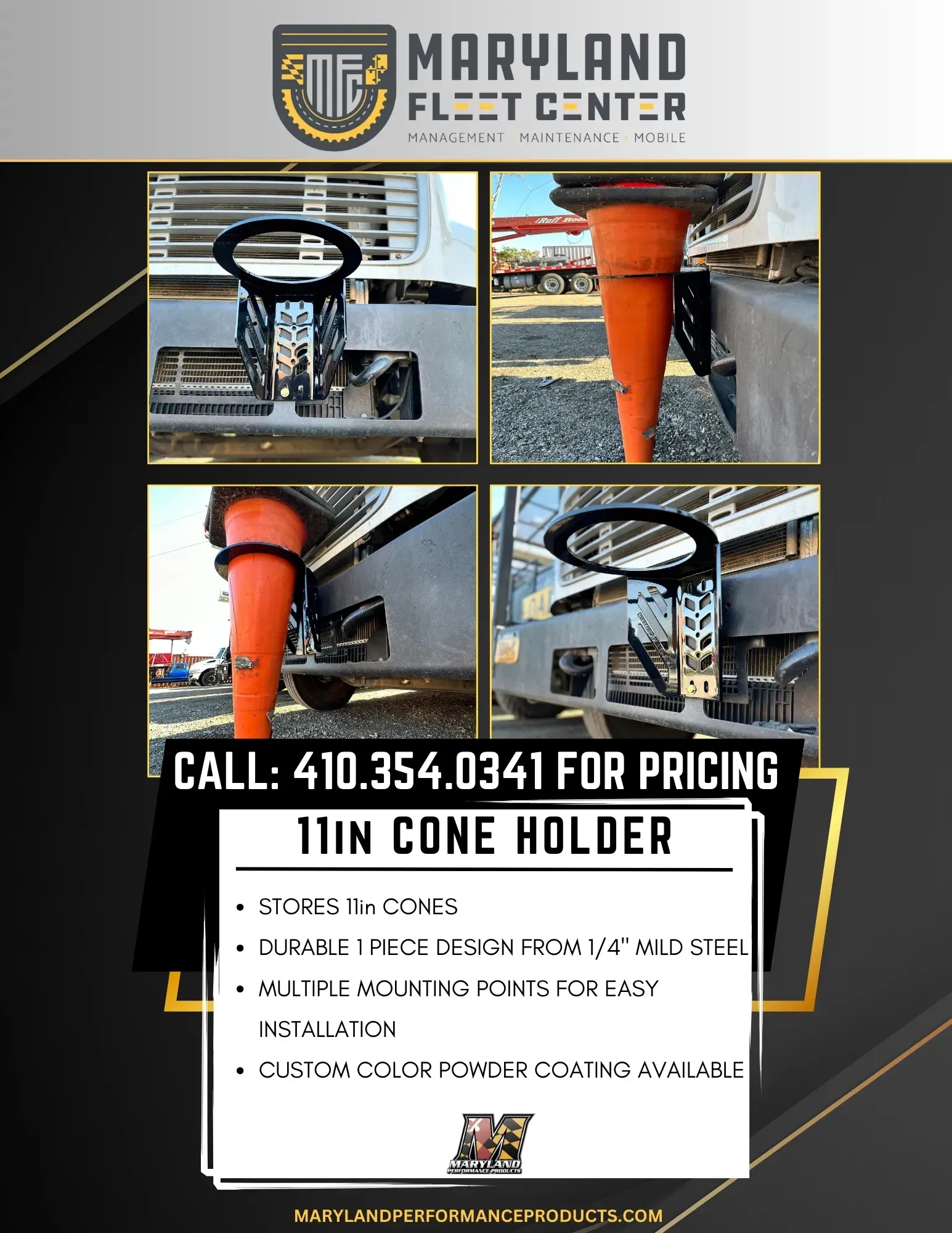 Flyer for 11-inch cone holder. Includes product photos, features, contact info, and company logo.