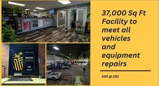 Facility offering vehicle and equipment repair; photos of an office, a shop, and a door.