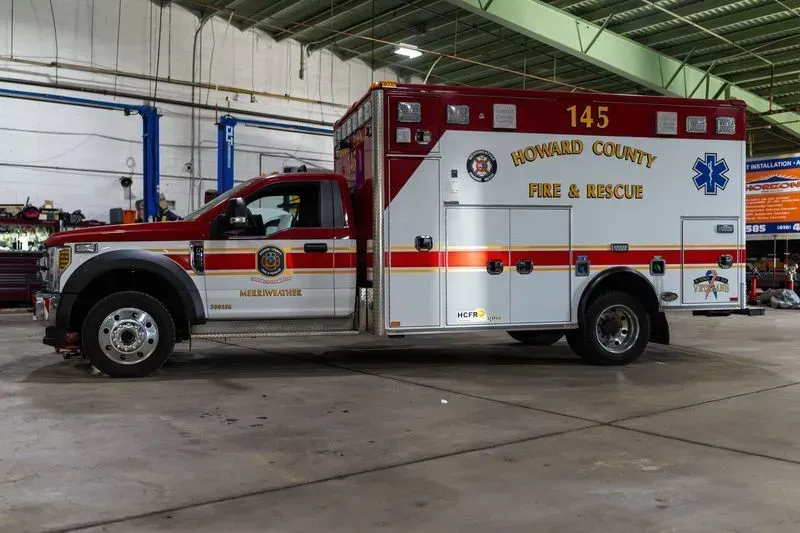 Howard County Fire & Rescue ambulance in a garage.