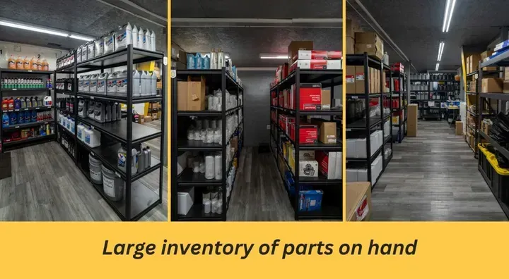 Warehouse shelves filled with parts. Large inventory of parts on hand.
