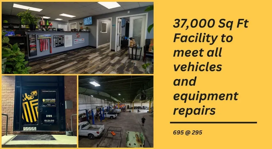 Garage interior and exterior shots highlighting a 37,000 sq ft repair facility.