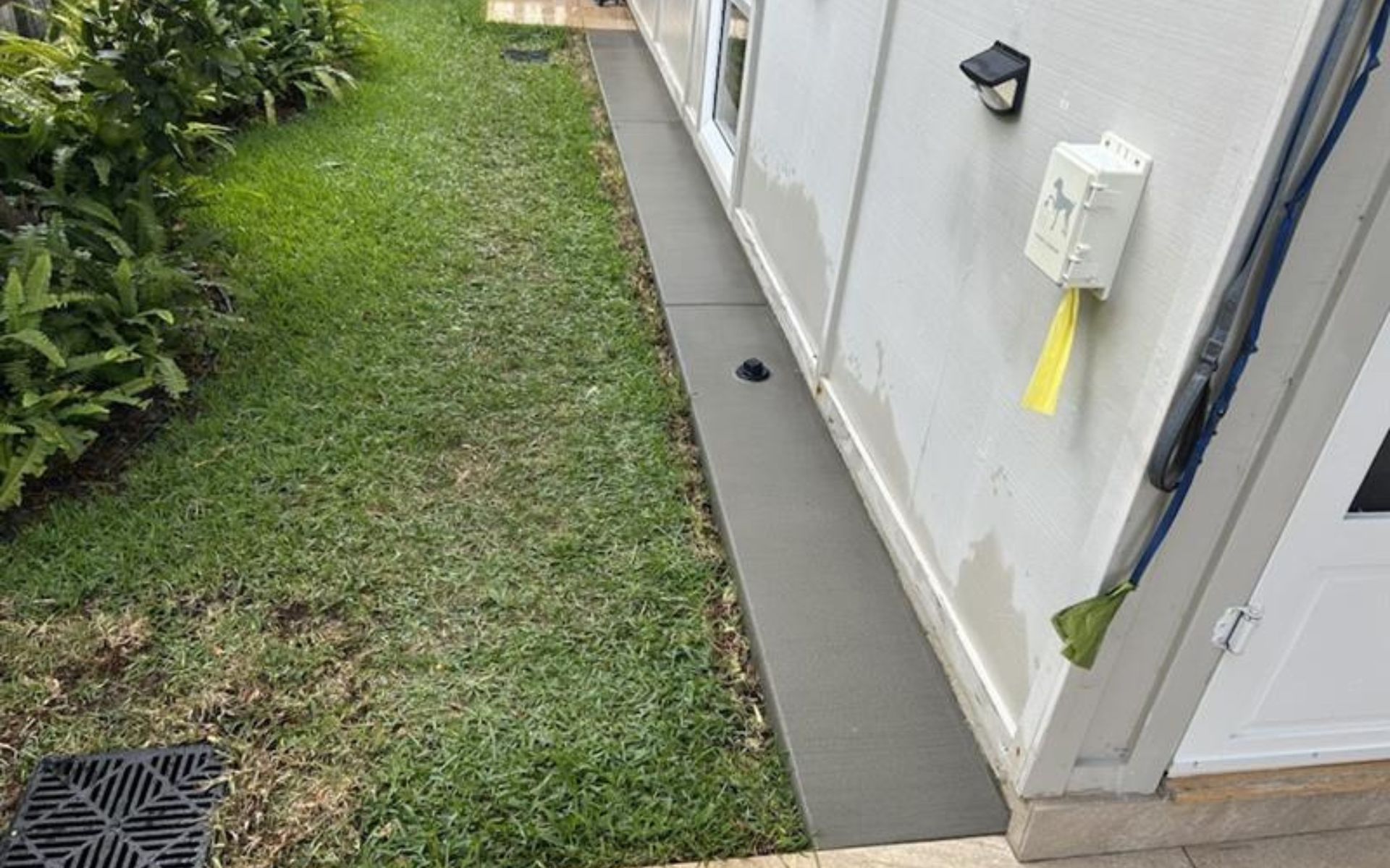 Narrow grassy side yard beside a white building, with a concrete walkway and utility box.