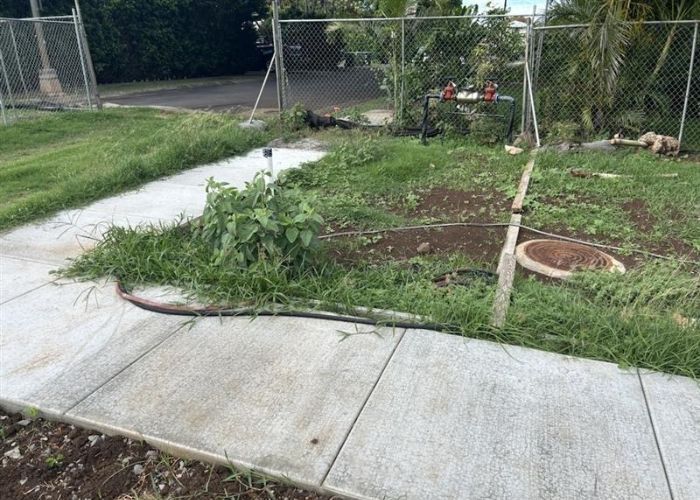 Broken sidewalk beside fenced yard with collapsed ground, exposed roots, and a damaged utility cover