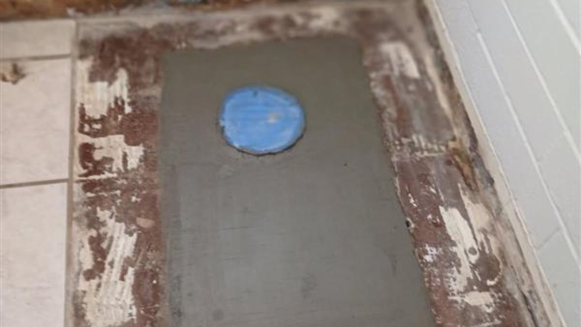 Bathroom floor with a blue circular drain cover near a gray shower base.