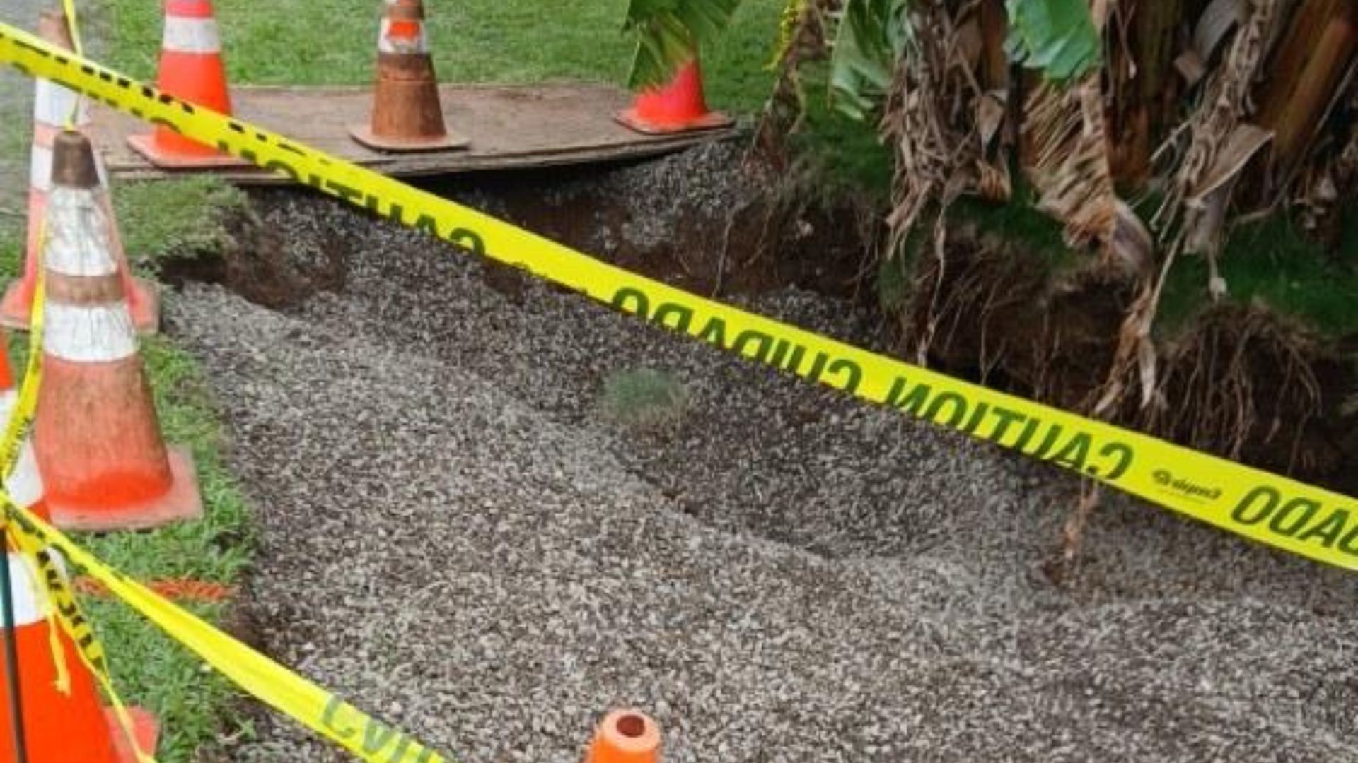 Caution-taped cracked sidewalk with traffic cones and gravel along a damaged edge near shrubs